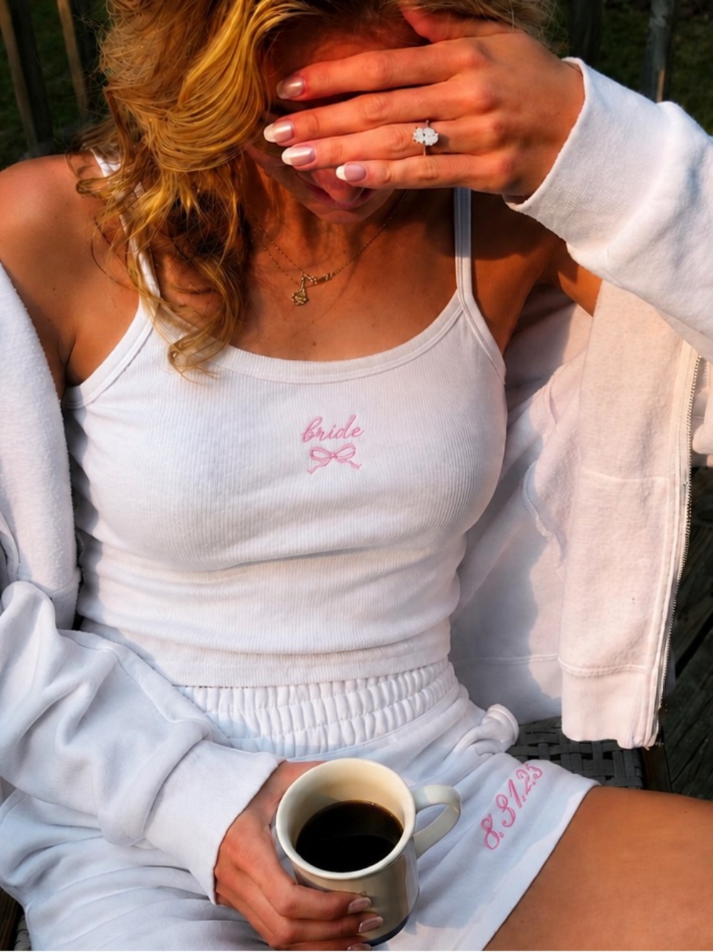 White 'Bride' Ribbed Tank with Pink Embroidery